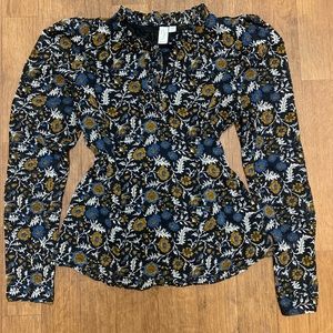 Joie Swiss Dot Floral Print Ruffled Split Tie Neck Blouse Puff Sleeves Size S